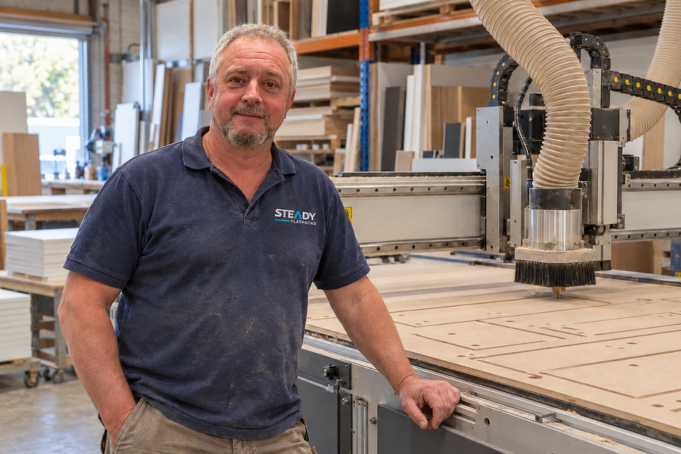 Steve beside the CNC in the Steady Flatpacks workshop